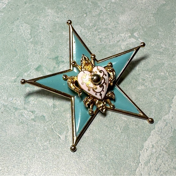 Coro Gold Tone Blue Enamel Star Shaped Crown Signed Large Pin Brooch - Picture 1 of 6